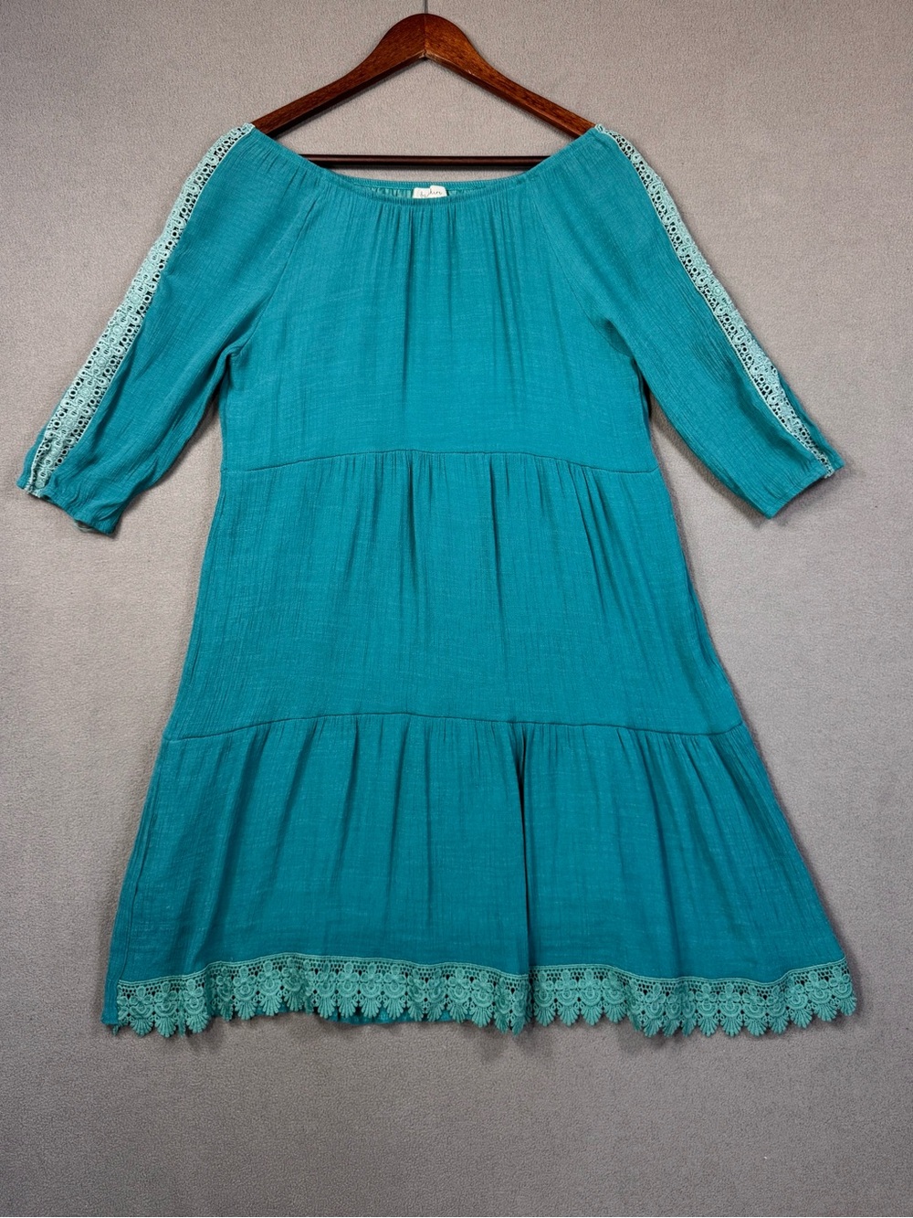 Sapphire Turquoise Boho Crochet Trim Peasant Ruffle Dress, Medium